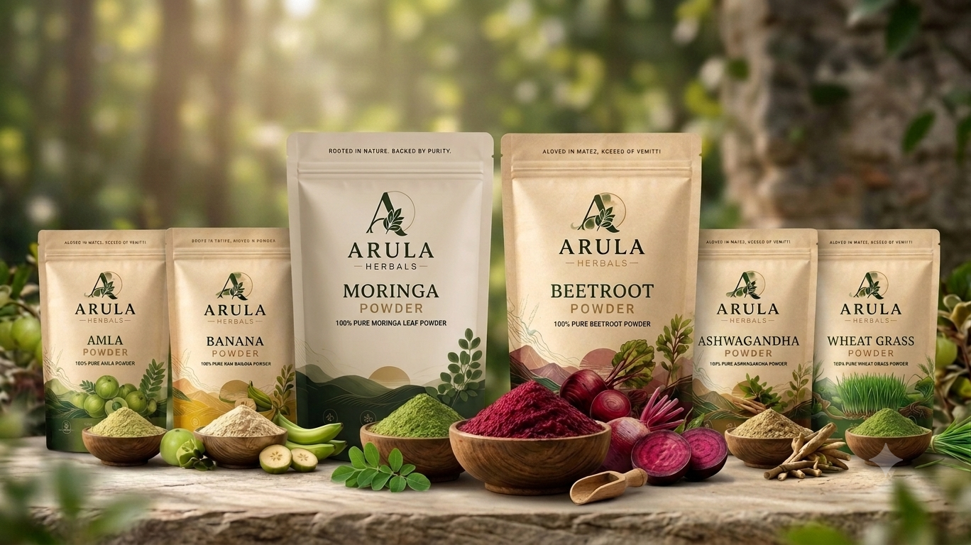 Arula Herbals powders displayed on a stone table in a forest